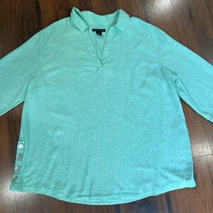 TAHARI Womens 100% Linen V Neck Top-Turquoise-Mother of Pearl Button Accents 1X